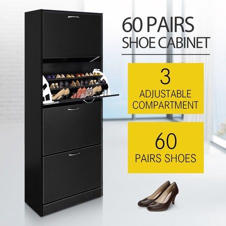 60 Pair Shoe Cabinet 4 Rack Wooden Home Footwear Storage Stand - Black