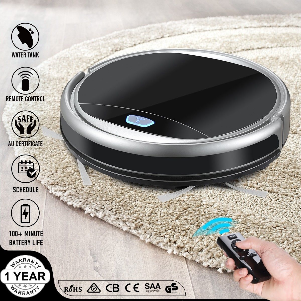 Maxkon Smart Robot Vacuum Cleaner w/Mop & Water Tank Strong Suction for Short Carpet - Black