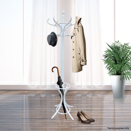 Coat Stand with 12 Hooks - Tree Style with Base Ring for Umbrellas - White