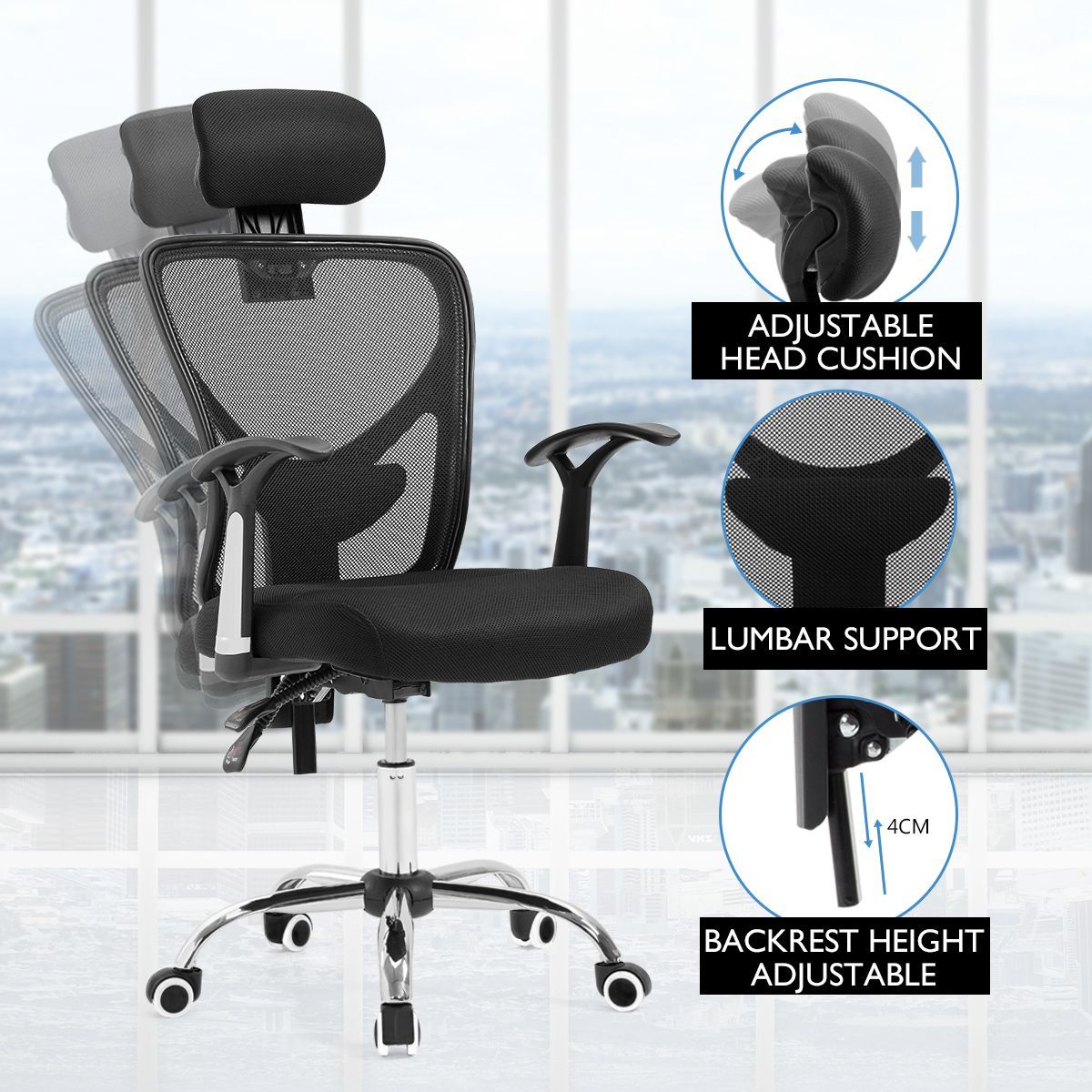 Adjustable Breathable Ergo Mesh Office Computer Chair w/ Lumbar Support - Black