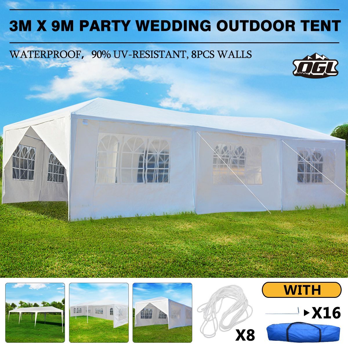 OGL 3x9m Outdoor Canopy Gazebo Party Wedding Tent Waterproof Marquee w/8 Removable Walls