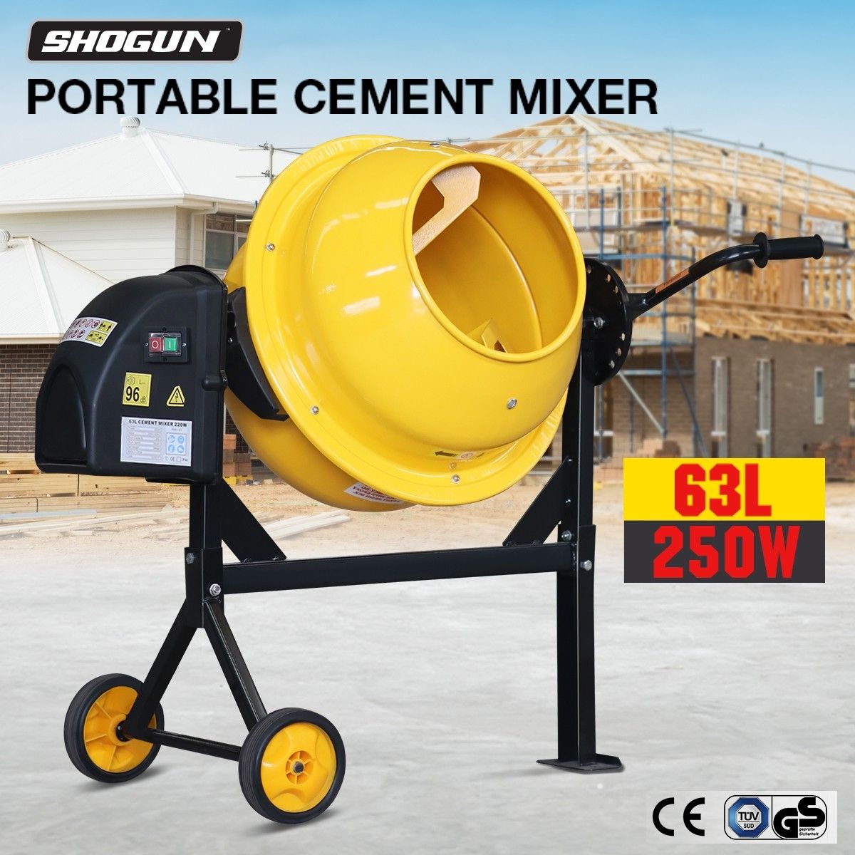 63L Portable Cement Mixer Electric Waterproof HeavyDuty Concrete Mixer w/Double Blades