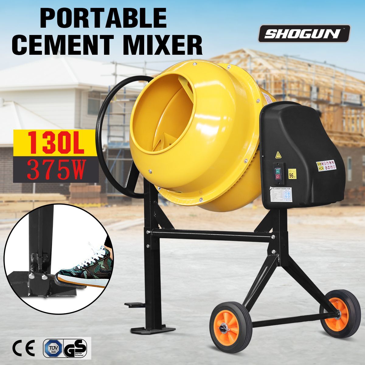 130L Portable Cement Mixer Electric Waterproof HeavyDuty Concrete