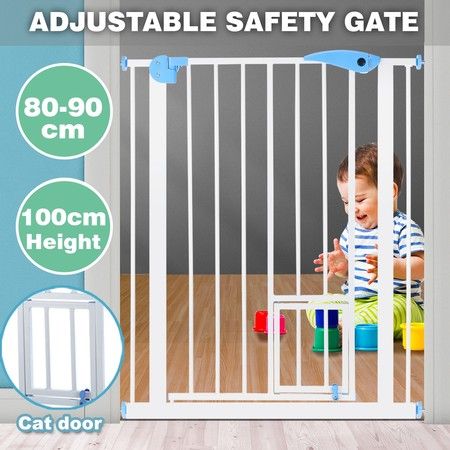Pet Safety Gate Dog Safe Fence Puppy Baby Security Stair Barrier w/ Cat Door Adjustable 100cm