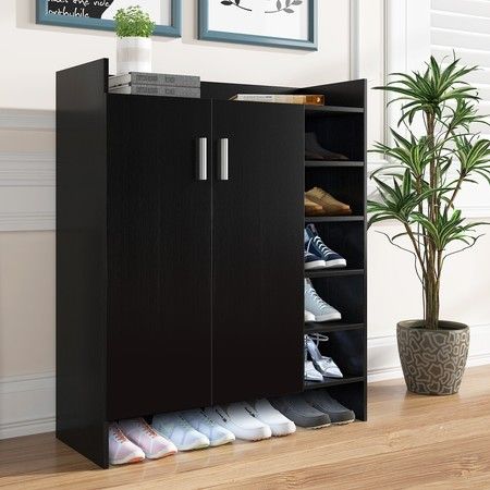 Modern Shoe Cabinet Rack Storage Cupboard Shelf Organiser With Doors 21 Pairs Black Crazy Sales