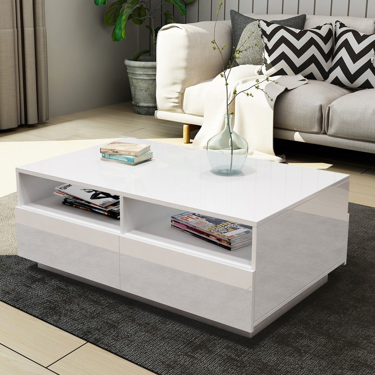 New Modern Coffee Table 4 Drawer Storage Shelf High Gloss Furniture