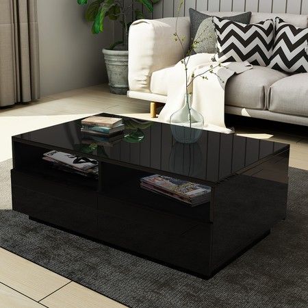 New Modern Coffee Table 4 Drawer Storage Shelf High Gloss Furniture Wood Black
