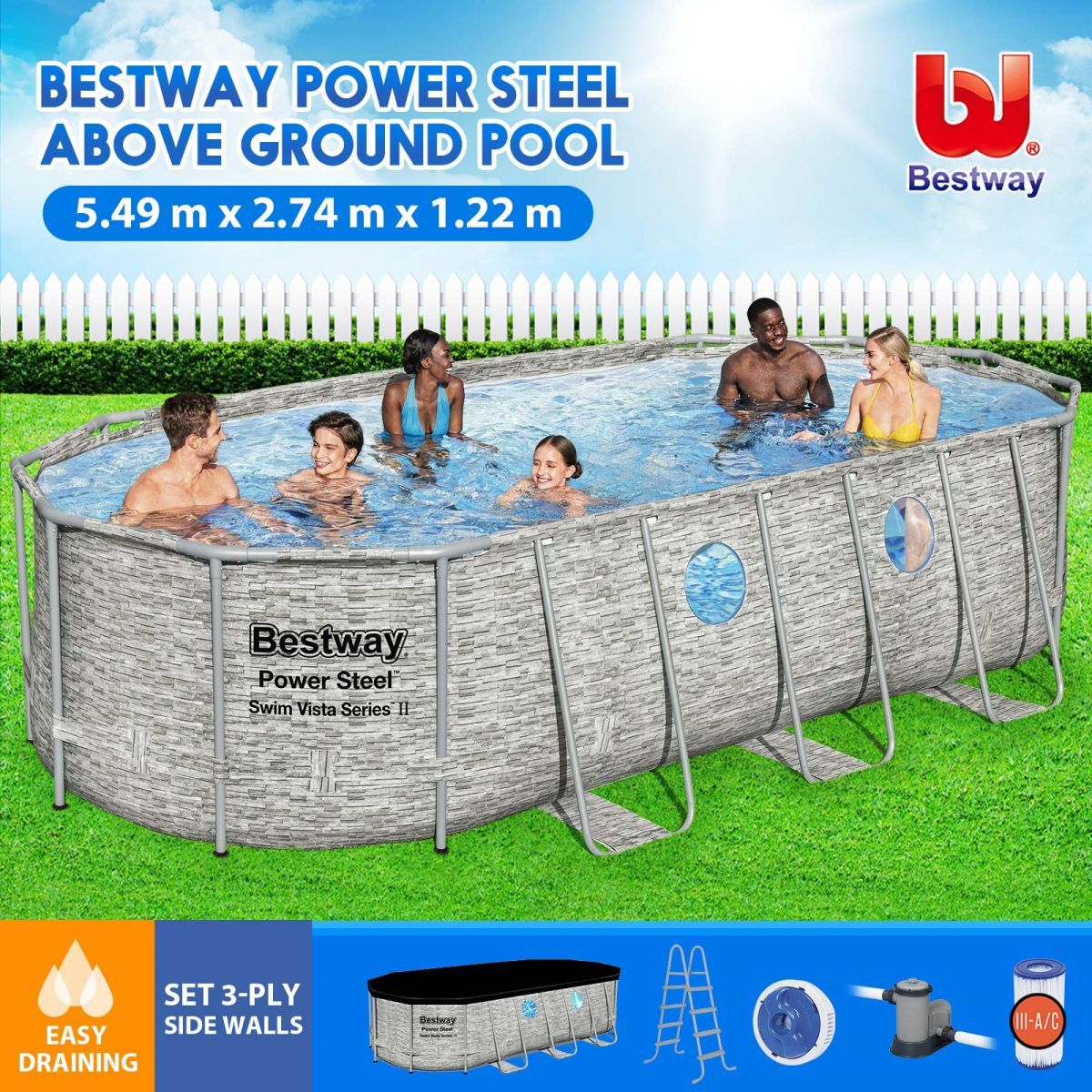 Bestway Steel Frame Above Ground Swimming Pool Filter Pump 5.49 x 2.74 x 1.22M