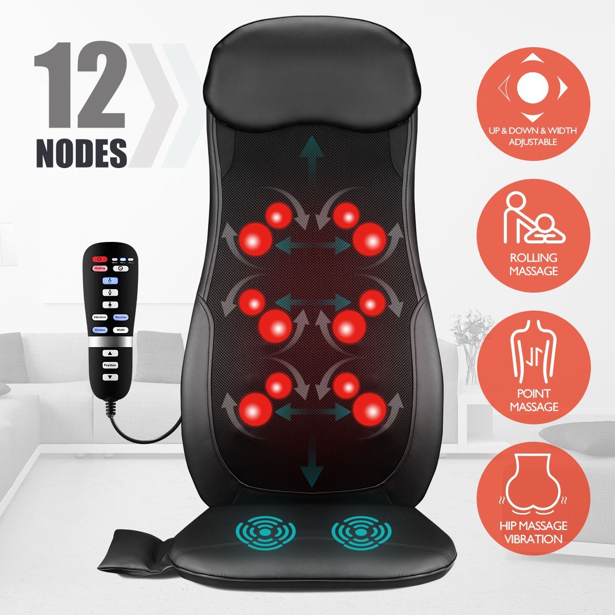 Full Body Back Neck Car Seat Massager Cushion Shiatsu Massage Chair Pad w/Heat - Black