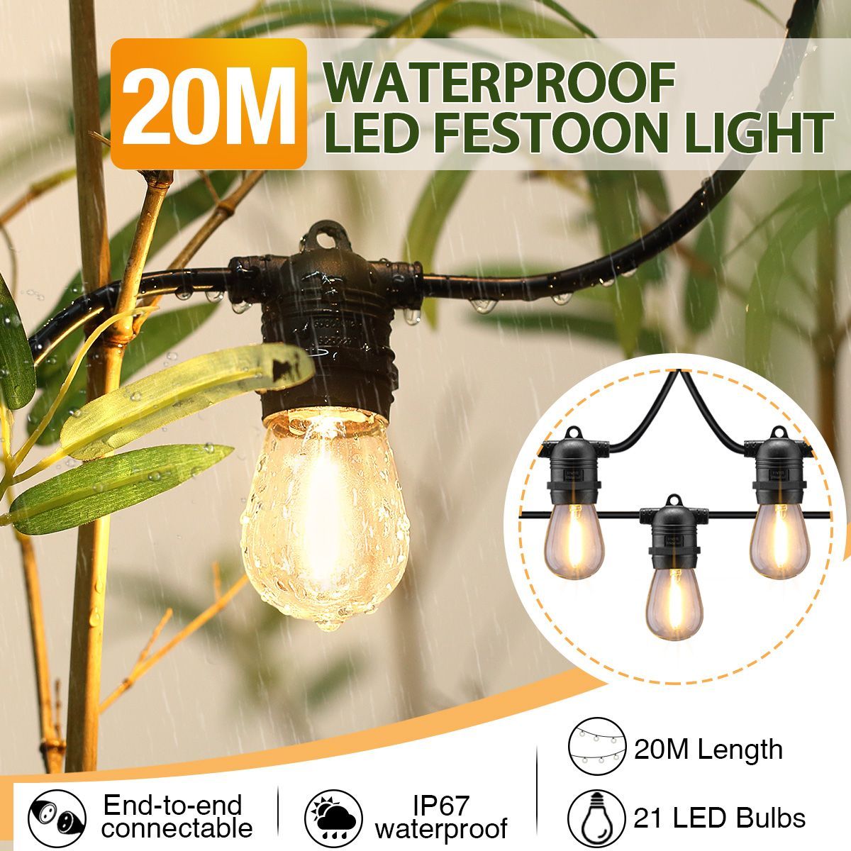 20M Waterproof LED Festoon String Lights w/21 Bulbs