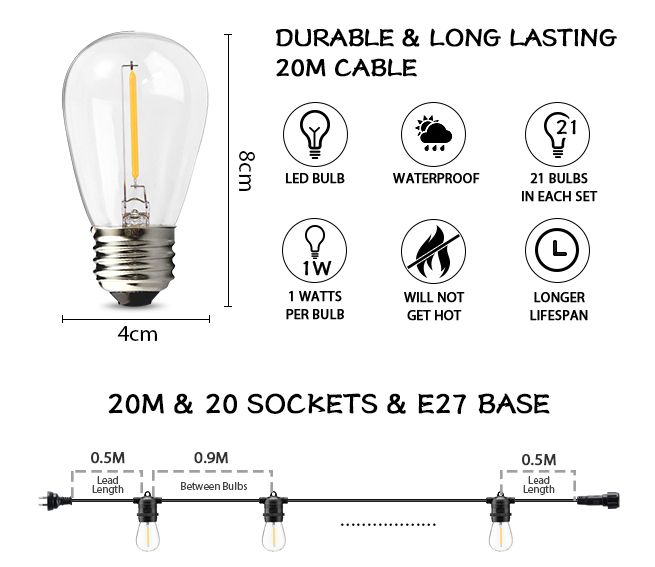 20M Waterproof LED Festoon String Lights w/21 Bulbs | Crazy Sales