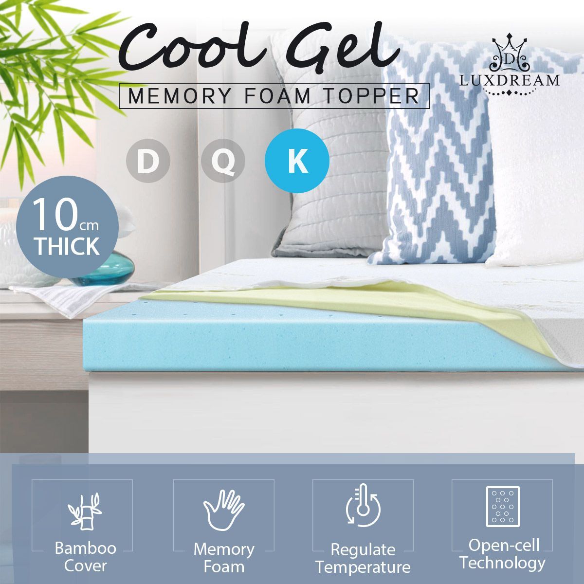 King Size Cool Gel Memory Foam Mattress Topper 10cm Underlay Bamboo Cover