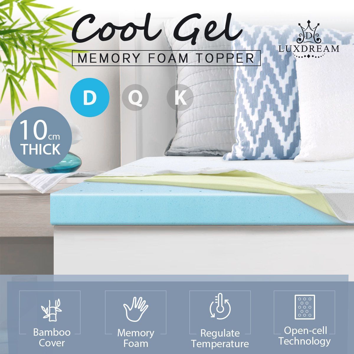 Double Size Cool Gel Memory Foam Mattress Topper 10cm Underlay Bamboo Cover