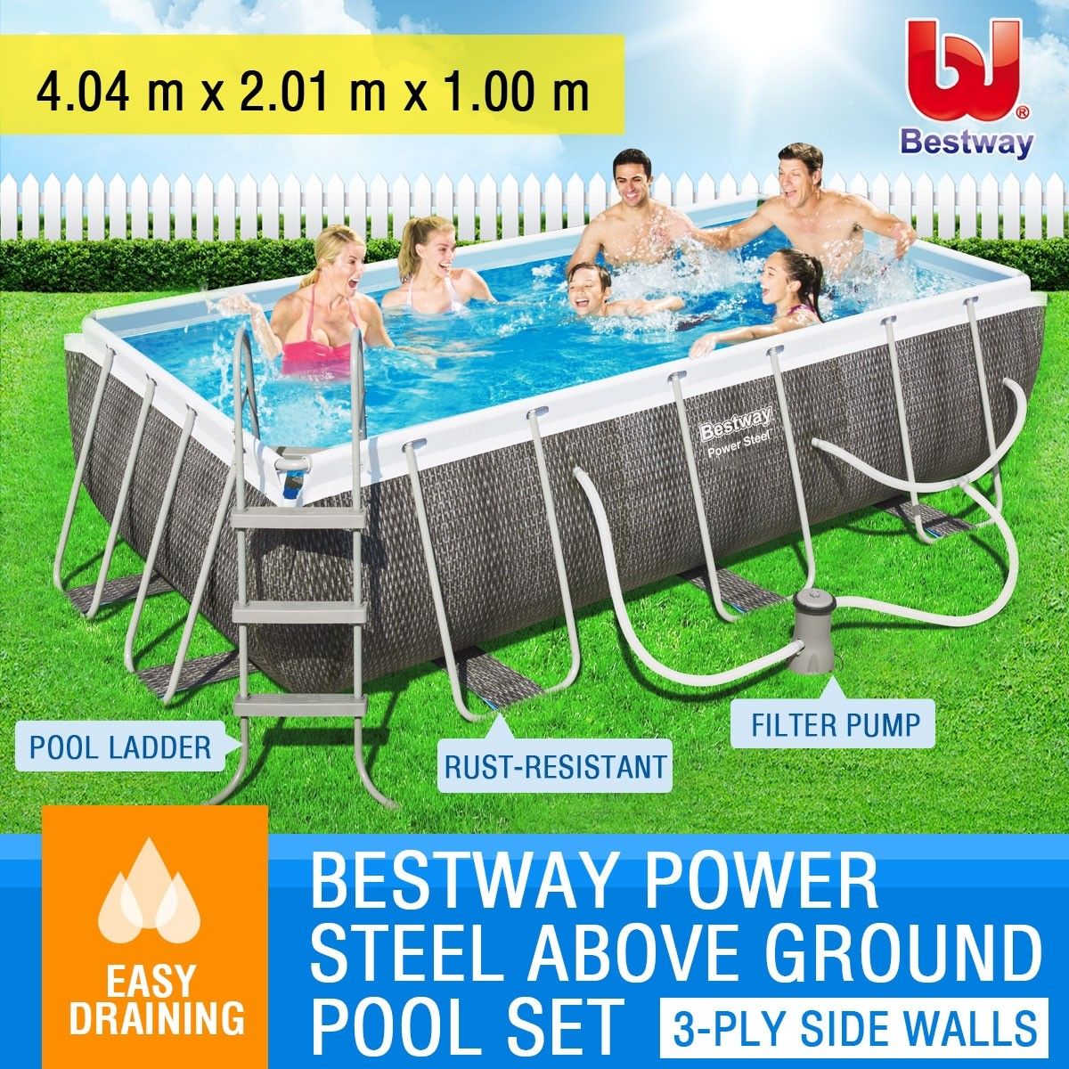 Bestway Metal Frame Above Ground Swimming Pool Set Rectangular Shape 4 x 2 x 1M