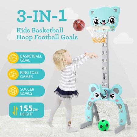 3-in-1 Kids Basketball Hoop Stand Backboard Ring Set Football Soccer Goal Sport Game