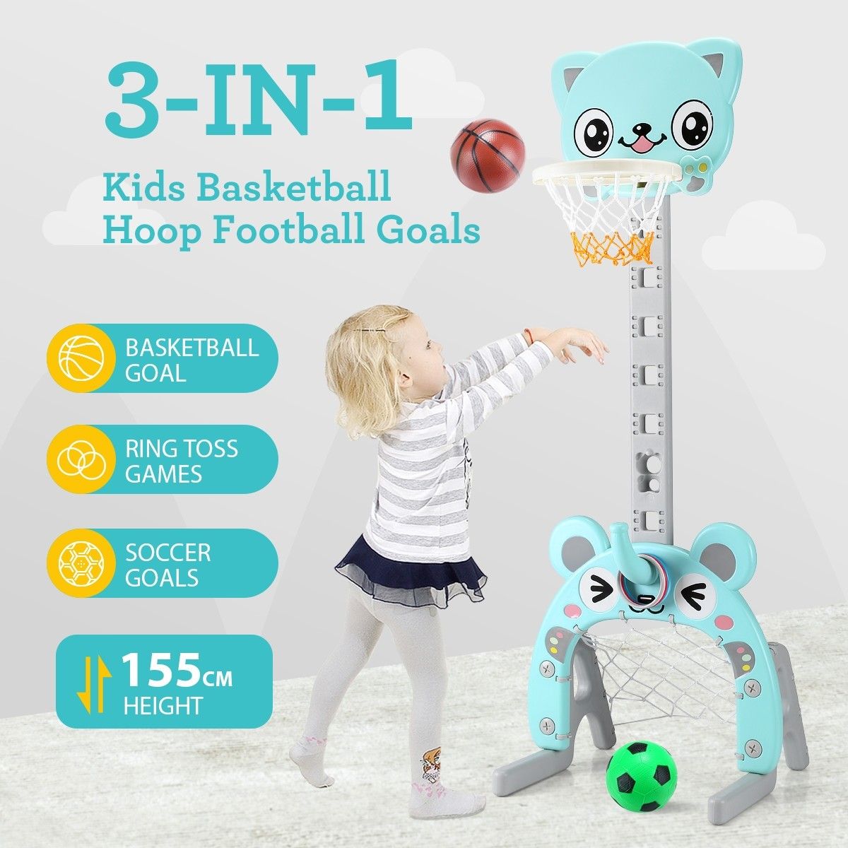 3-in-1 Kids Basketball Hoop Stand Backboard Ring Set Football Soccer Goal Sport Game