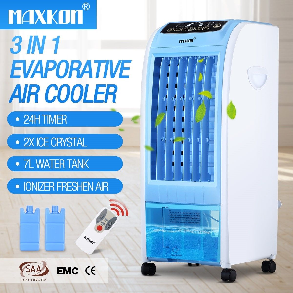 MAXKON 7L Evaporative Air Cooler Quiet Fan Ionizer Button 3 Modes W/Remote Control Blue