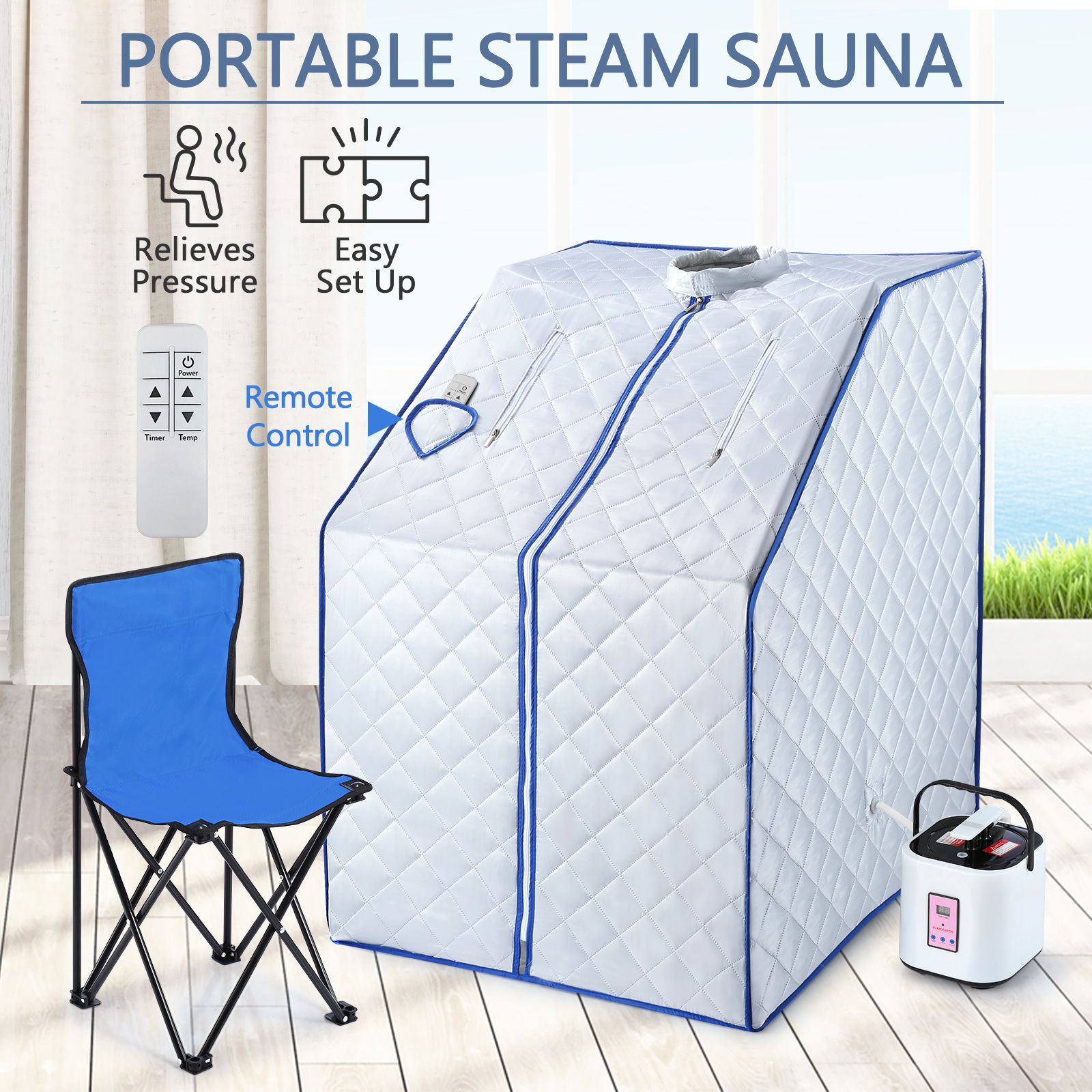 Portable Steam Sauna Full Body Spa Kit 1000W Steamer W/Foldable Chair + Remote Control