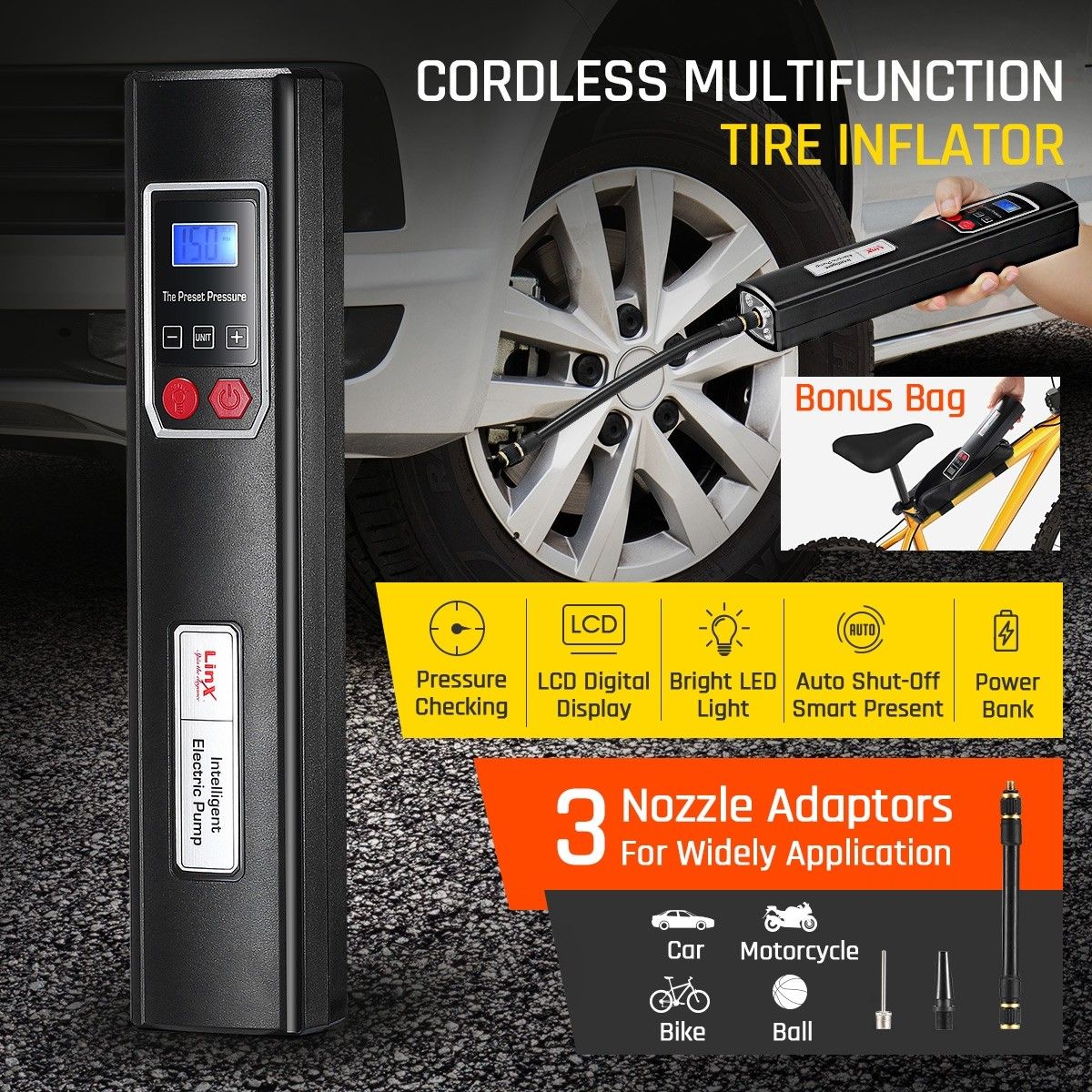 New Cordless Tyre Inflator Car Air Compressor Electric Tyre Pump W/ Digital LCD 6V