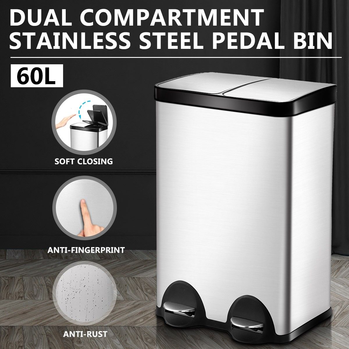 60L Dual Compartment Pedal Garbage Rubbish Bin Stainless Steel Kitchen ...