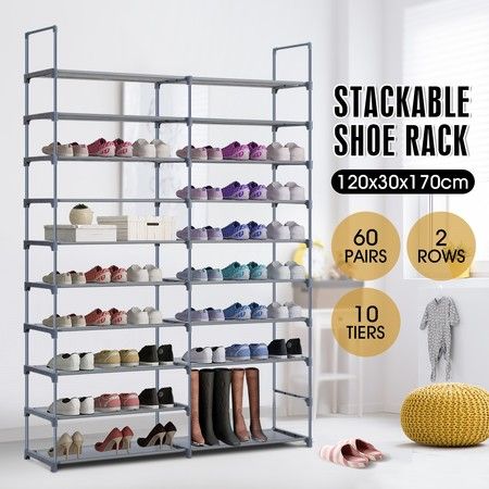 60 Pairs 10 Tiers Metal Shoe Rack Stackable Shelf Storage Organizer W/ 2 Rows 170cm Height