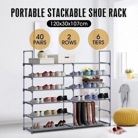 New 36 Pairs 6 Tiers Metal Shoe Rack Stackable Shelf Storage Organizer W/ 2 Rows 107cm Height