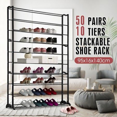 New 50 Pairs 10 Tiers Metal Shoe Rack Stackable Shelf Storage Organizer 140cm Height Crazy Sales