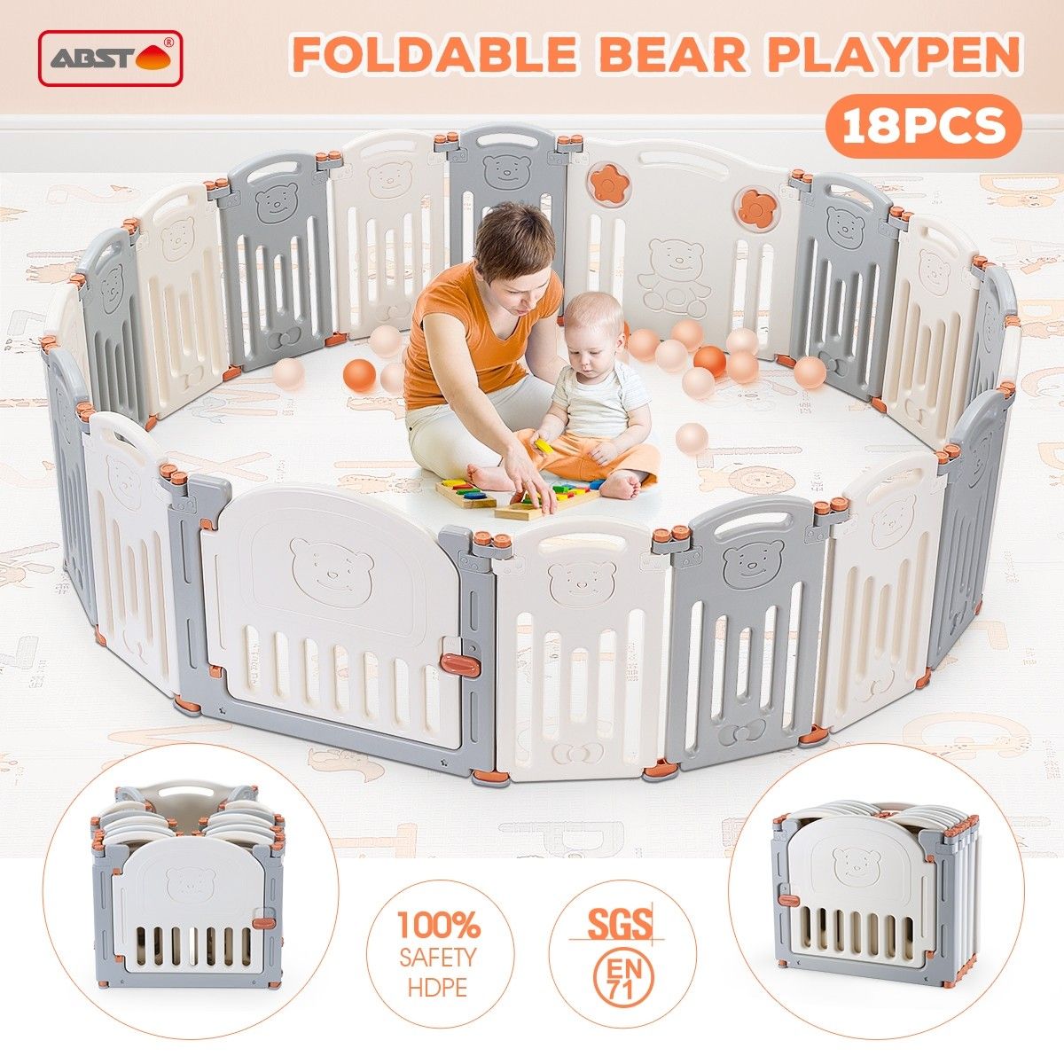 ABST 18 Sided Foldable Panel Baby Playpen Interactive Baby Room Kids