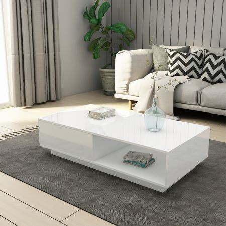 Modern Coffee Table Storage Drawer Shelf Cabinet High Gloss Wood Furniture - White