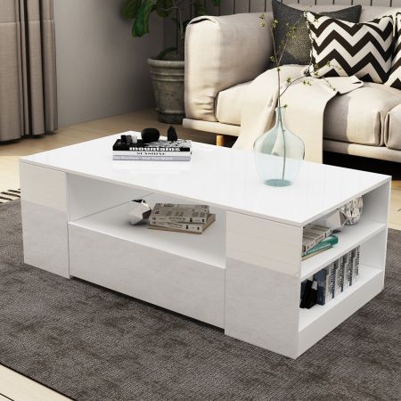 Modern Coffee Table 2 Drawers Cabinet Storage Shelf High Gloss Wood Living Room Furniture - White