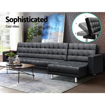 Artiss Modular PU Leather Sofa Bed - Black | Crazy Sales