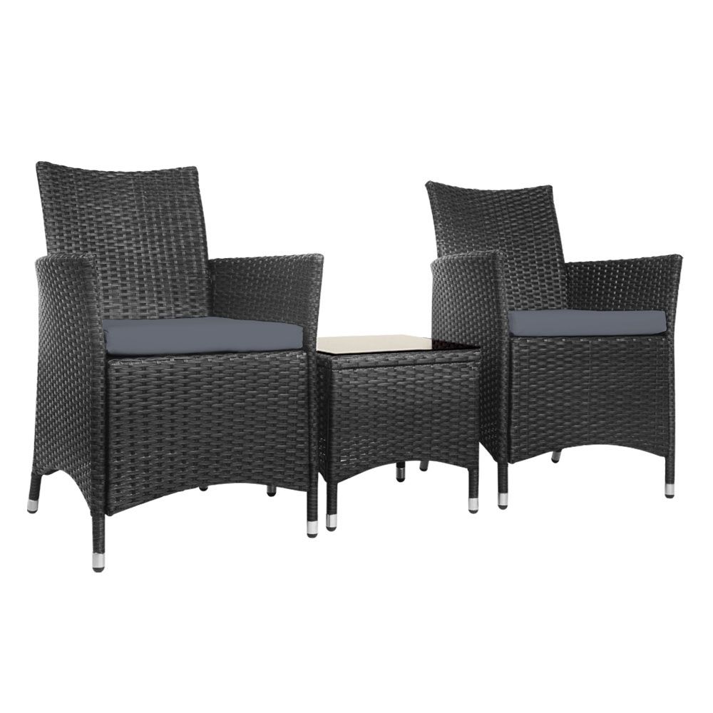 Gardeon 3PC Outdoor Bistro Set Patio Furniture Wicker Chairs Table Cushion All Black