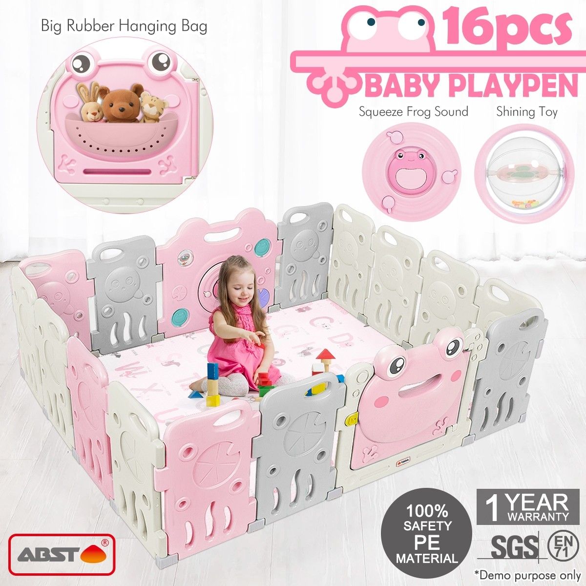 Baby Playpen Kids Safety Gate Barrier Fence Room Enclosure Interactive Activity Centre Toddler Play Yard Frog Girl 16 Panels