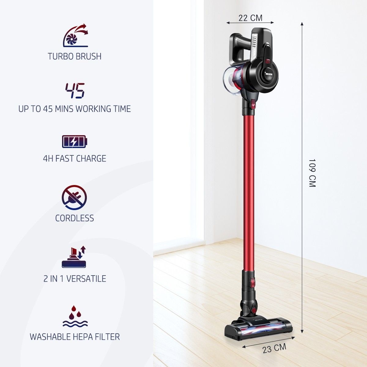 MAXKON Cordless Vacuum Cleaner Upright Stick Handheld Vac Bagless W/ 2