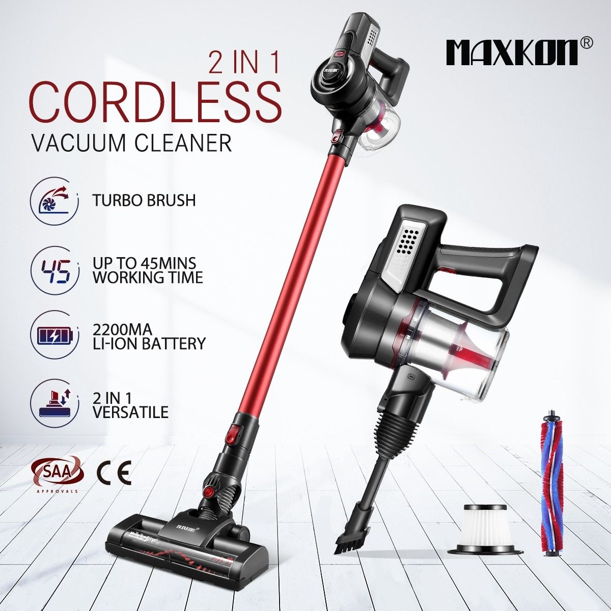 MAXKON Cordless Vacuum Cleaner Upright Stick Handheld Vac Bagless W/ 2