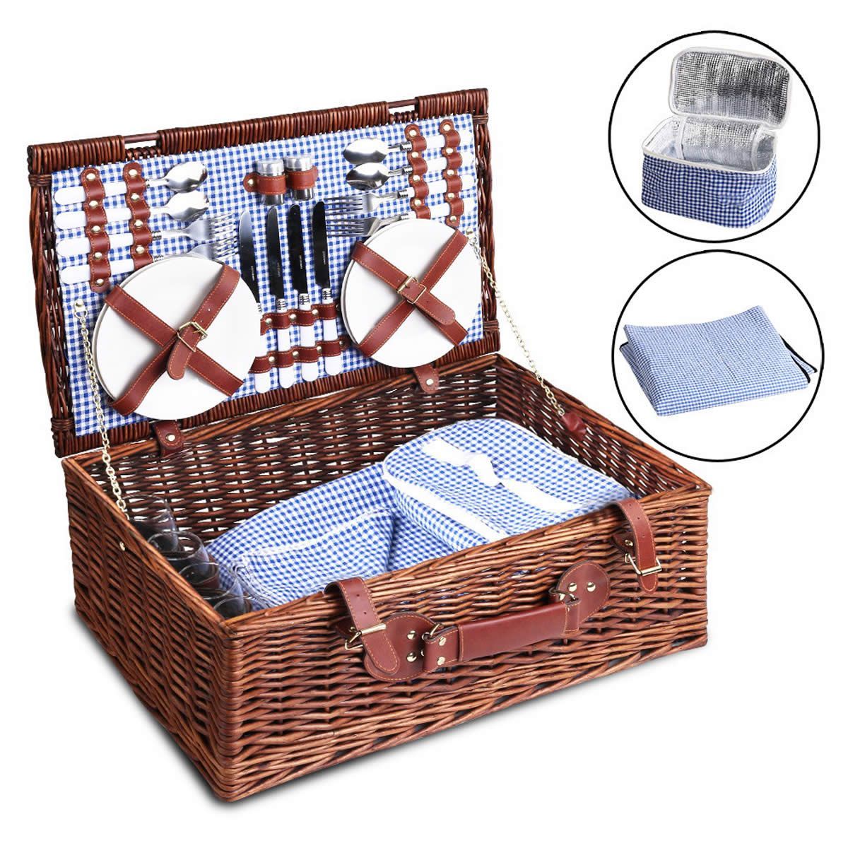 Alfresco 4 Person Picnic Basket Set Insulated Blanket Storage Bag