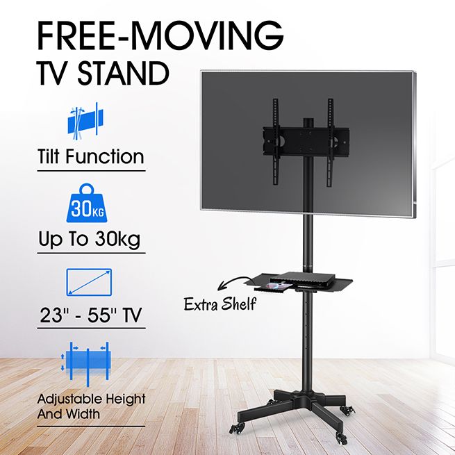 Mobile Rolling TV Cart Securely Holds up to 55lbs Movable Monitor Display Holder with Tray Max VESA 400x400mm Floor TV Stand with Wheels for 23-55 Inch LCD LED Plasma Flat Screen TVs 