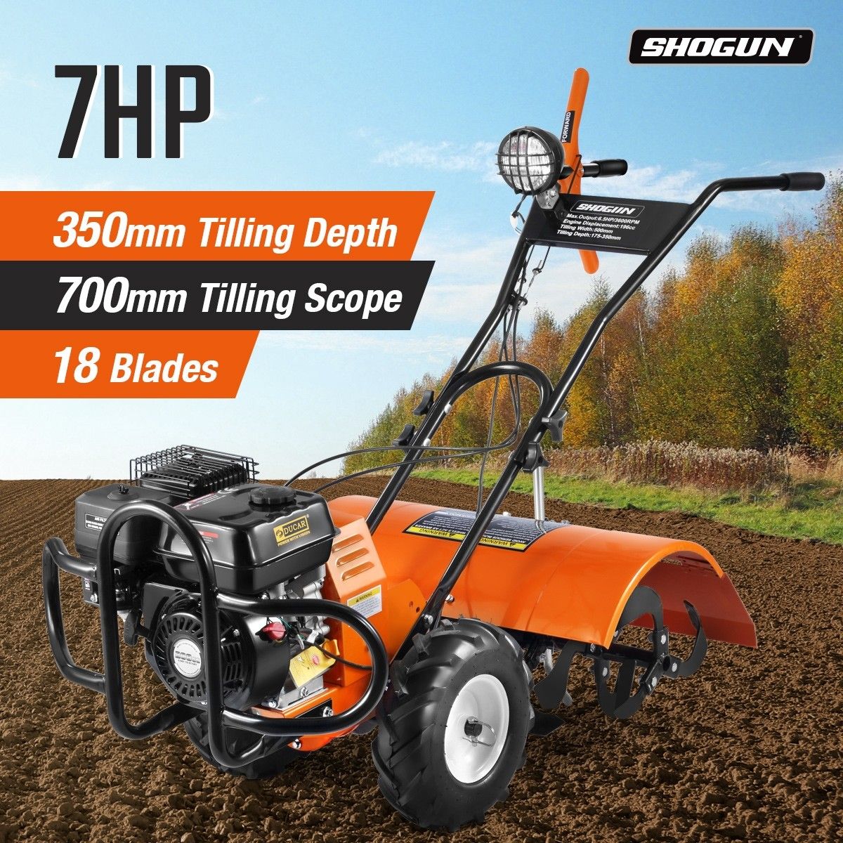 208CC Garden Tiller Cultivator 7HP 4 Stroke Petrol Rotary Hoe Tine Rototiller 700mm Width