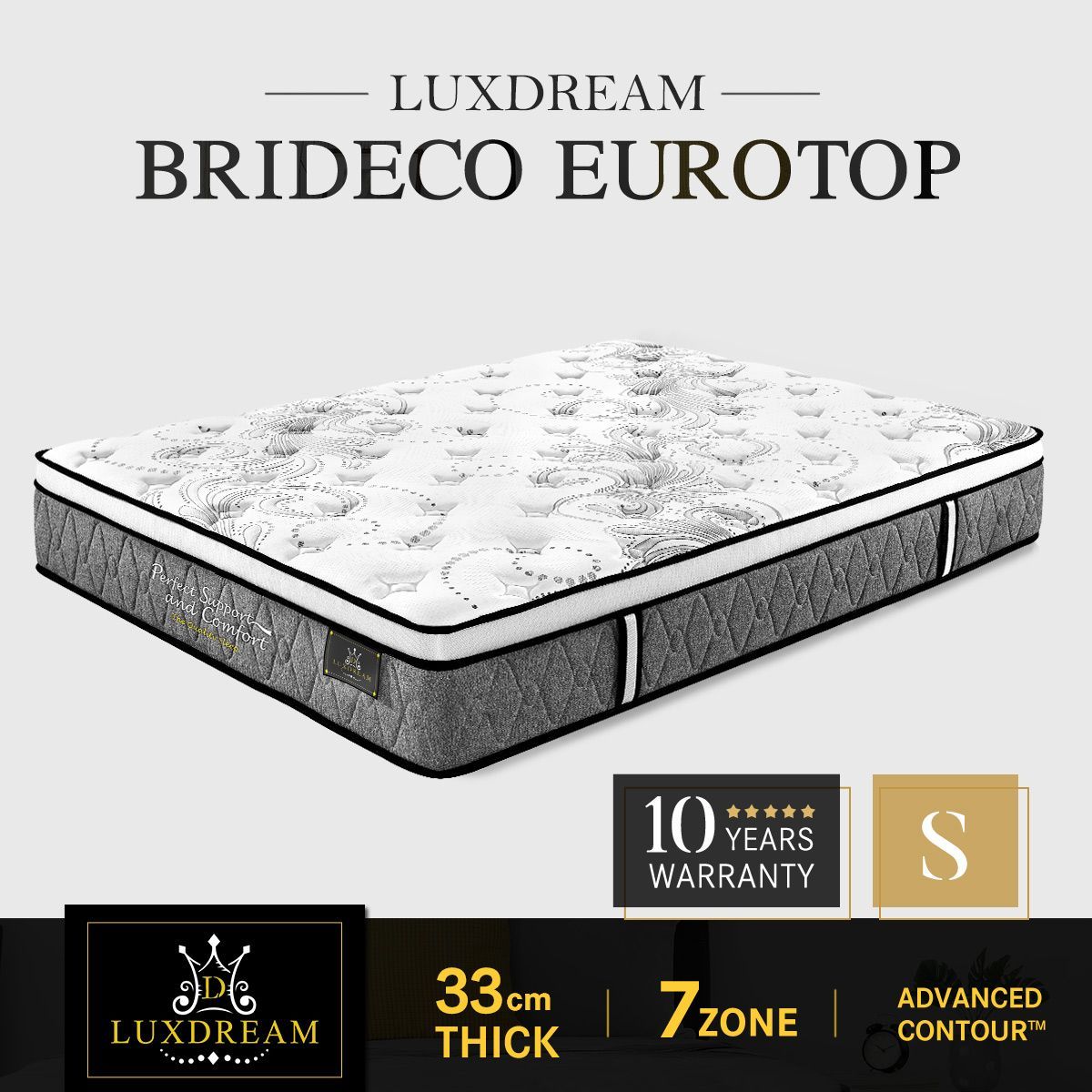 Luxdream Bedding Single Size Euro Top Pocket Spring Foam Mattress Brideco 7 Zone 33cm
