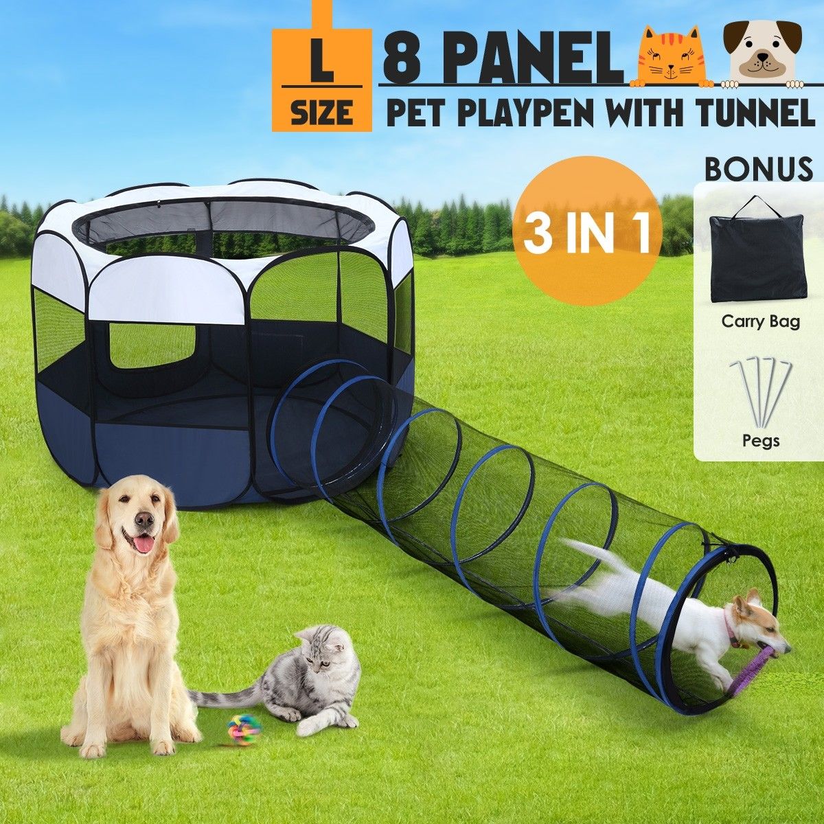 8 Panels Portable Pet Playpen Tent Puppy Dog Cat Kennel Crate Cage Enclosure 144cm w/Tunnel