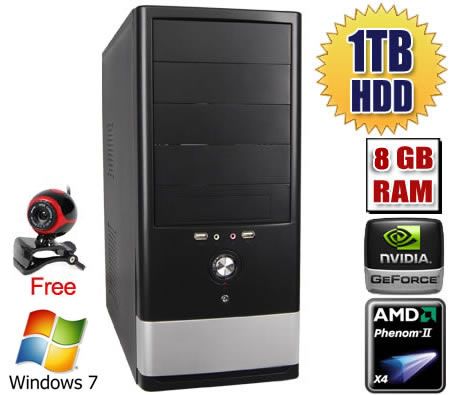 AMD Gaming Dual Core PC (AMD Quad-Core  Phenom II X4 840 3.20 GHz, 8GB RAM, 1TB HDD, USB 3.0 Ready, GT520 1GB, Windows 7) + BONUS 1 Year Norton Internet Security 2011 + Free Webcam