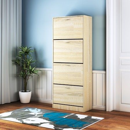 4 Doors Shoe Cabinet Rack 60 Pairs Wooden Footwear Storage Organiser Shelf Cupboard - Oak