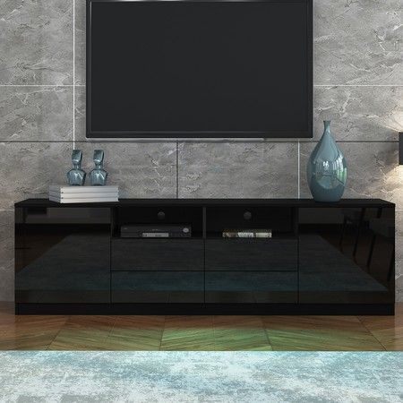 180cm TV Stand Cabinet Wood Entertainment Unit Gloss Storage Shelf w/4 Drawers & 2 Doors – Black