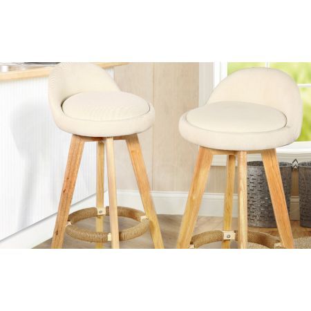 2 Pcs Wooden Bar Stools Swivel Padded Fabric Seat Dining Chairs - Beige