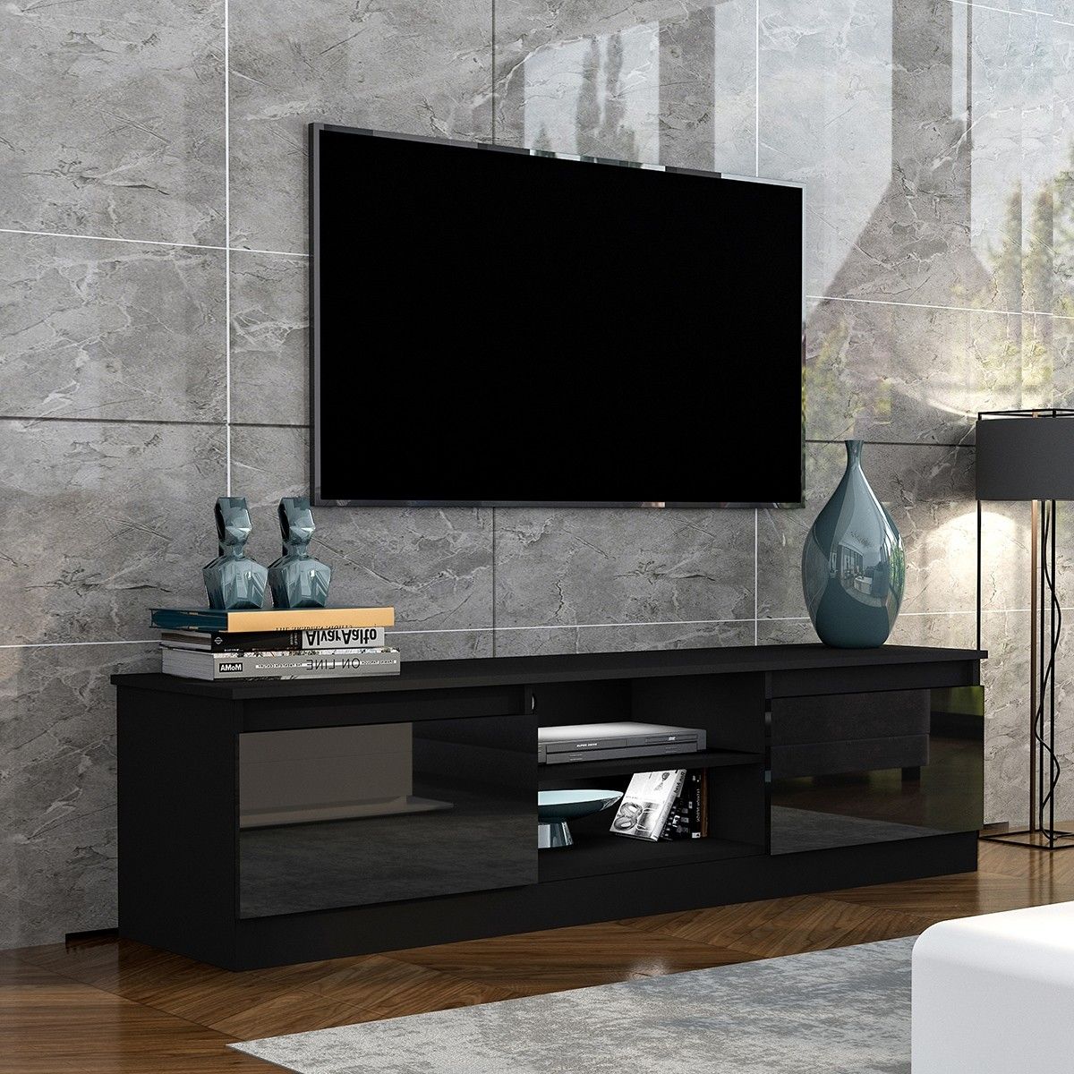 160cm TV Stand 2 Doors Wood Entertainment Unit Storage Shelf