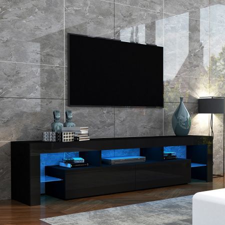 200cm TV Stand Cabinet 2 Drawers LED Entertainment Unit Wood Storage Shelf - Black