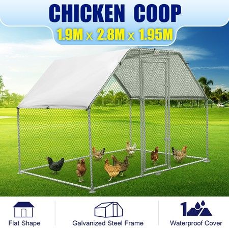 1.9M x 2.8M Large Metal Chicken Coop Walk-in Cage Run House Shade Pen W/ Cover 