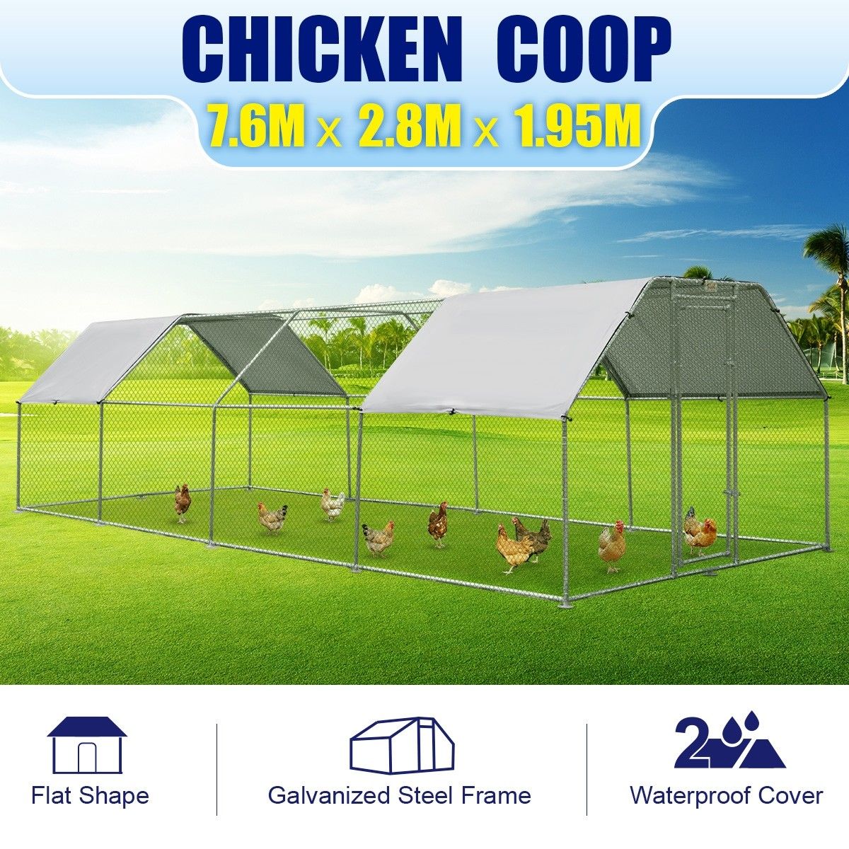 7.6M x 2.8M Large Metal Chicken Coop Walkin Cage Run House Shade Pen W/ Covers
