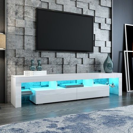 200cm TV Stand Cabinet 2 Drawers LED Entertainment Unit Wood Storage Shelf-White