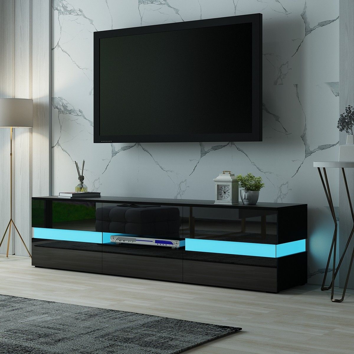 TV Stand Cabinet 177cm Wood Entertainment Unit LED Gloss Storage Drawer - Black